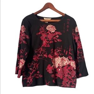 Norm Thompson Black and Red Oriental 3/4 Length Sleeve Top